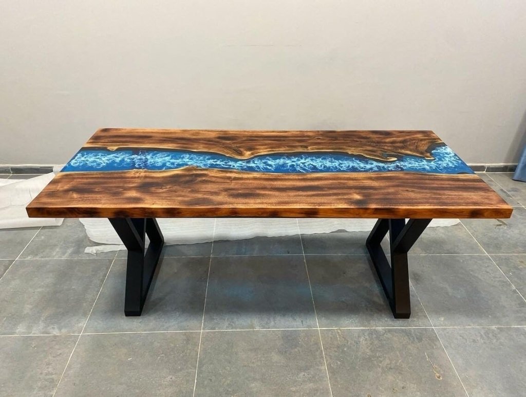 TUZECH Special Blue & White Sea Waves Epoxy Resin Dining Table Console Table Side/End Table Living Room Coastal Table Bar River Table Counter Table Home Décor - resinhomefurniture
