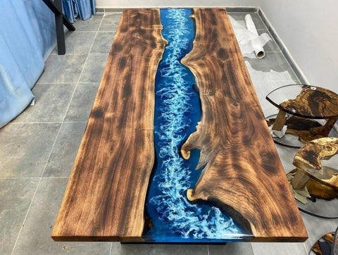 TUZECH Special Blue & White Sea Waves Epoxy Resin Dining Table Console Table Side/End Table Living Room Coastal Table Bar River Table Counter Table Home Décor - resinhomefurniture