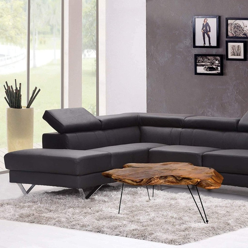 TUZECH StyleCraft Badang Natural Wood Carving Contemporary Teak Edge Cocktail Table with Clear Lacquer Finish and Metal Legs for Living Room (40x28x17 inches) - resinhomefurniture