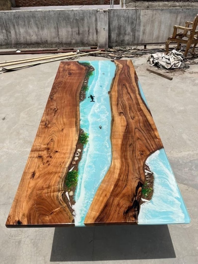 TUZECH Unique Ocean Waves with Shells and Fishes Sky Blue Epoxy Resin Dining Table Console Table Side/End Table Living Room Coastal Table Bar Counter Table Home Décor - resinhomefurniture