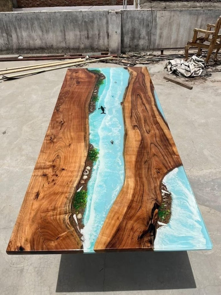 TUZECH Unique Ocean Waves with Shells and Fishes Sky Blue Epoxy Resin Dining Table Console Table Side/End Table Living Room Coastal Table Bar Counter Table Home Décor - resinhomefurniture