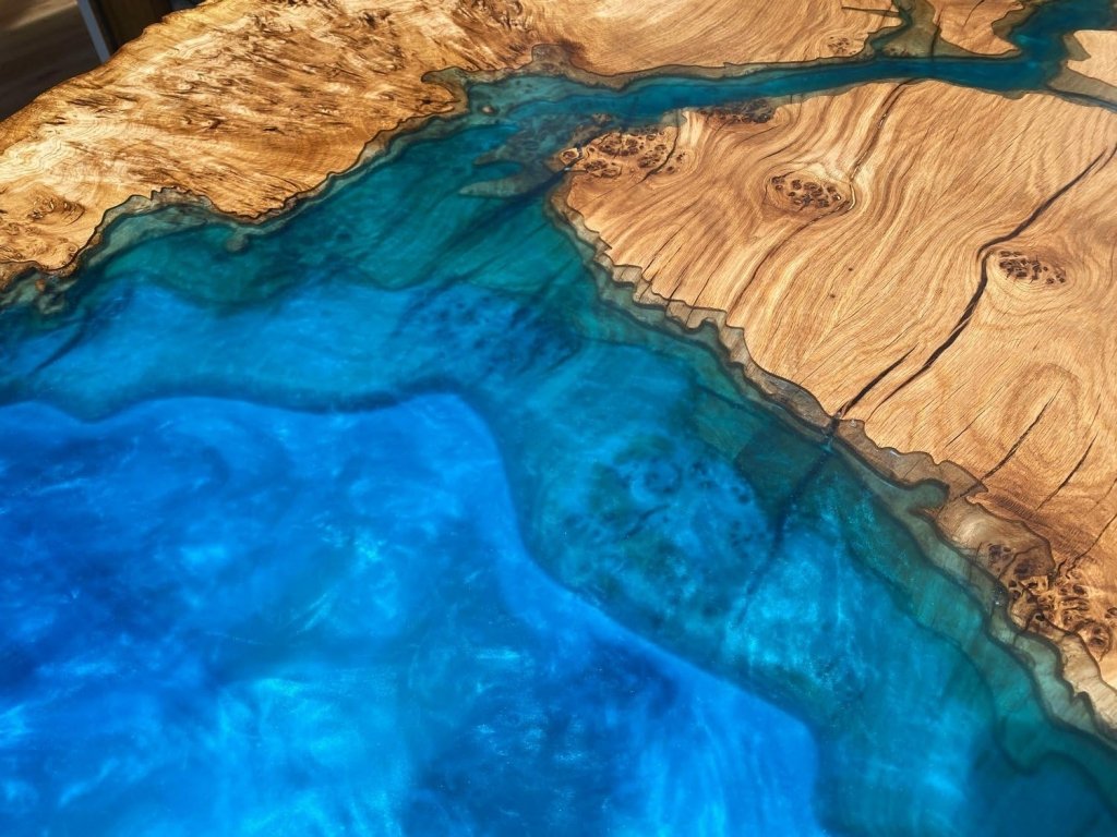 TUZECH Unique Wood Resin Epoxy Classic Blue Ocean Look with Wave Table Coastal Table Top Dining Table Coffee Table Side/End Table Home Décor - resinhomefurniture