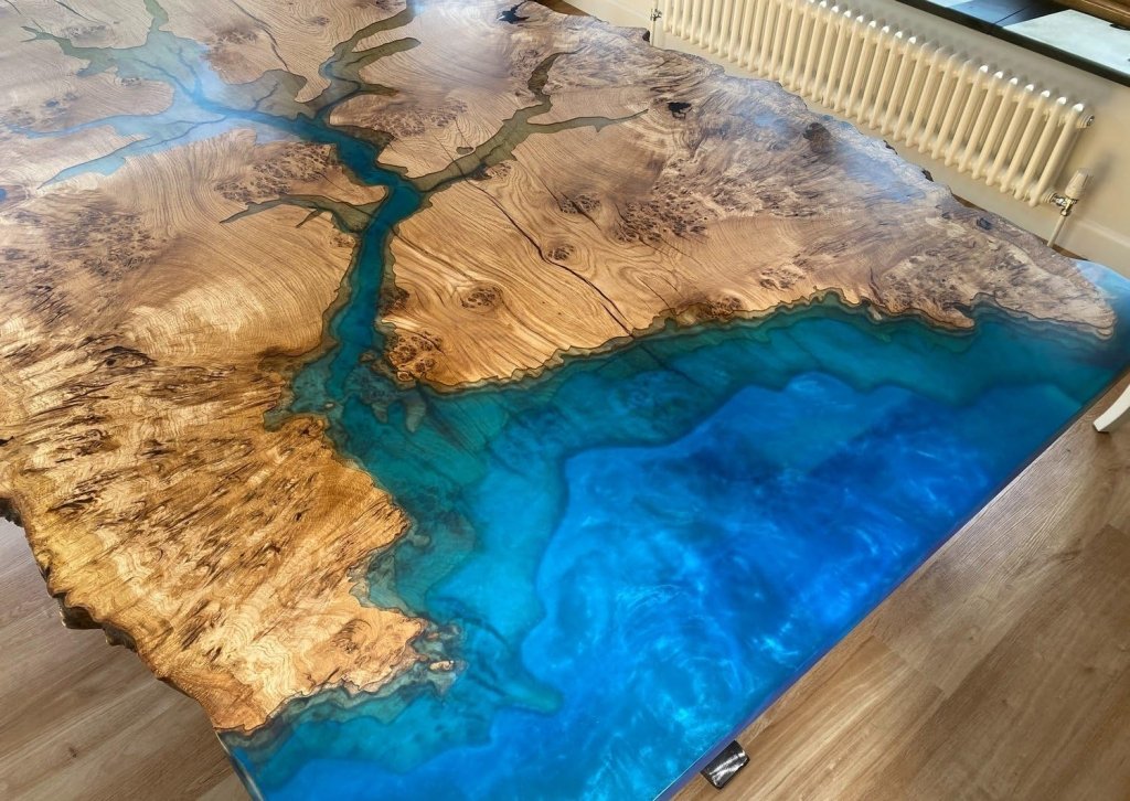 TUZECH Unique Wood Resin Epoxy Classic Blue Ocean Look with Wave Table Coastal Table Top Dining Table Coffee Table Side/End Table Home Décor - resinhomefurniture