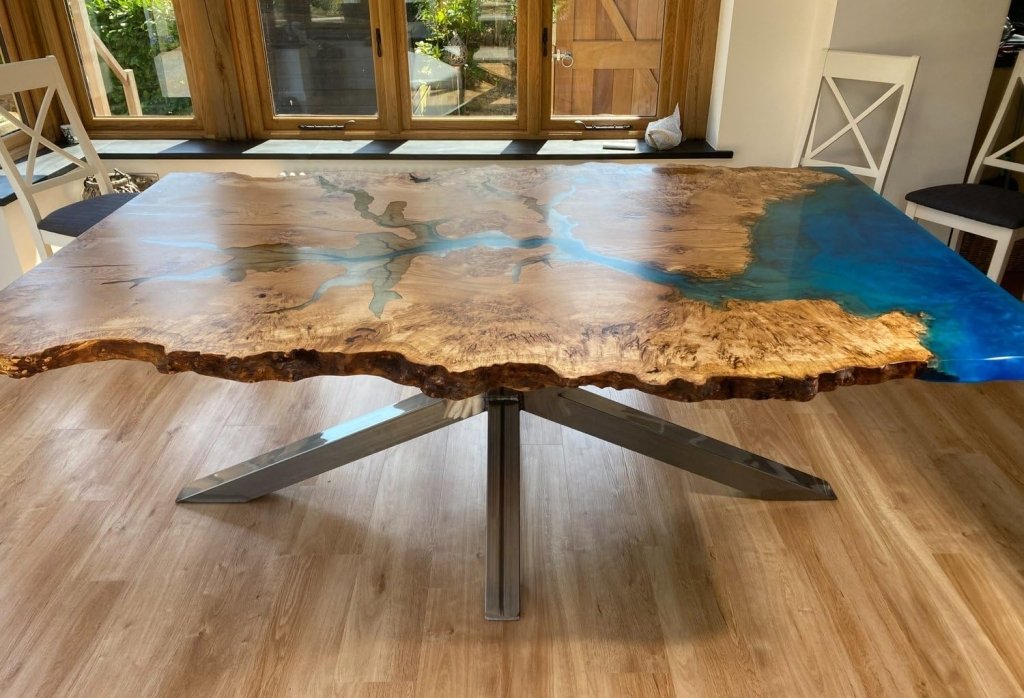 TUZECH Unique Wood Resin Epoxy Classic Blue Ocean Look with Wave Table Coastal Table Top Dining Table Coffee Table Side/End Table Home Décor - resinhomefurniture